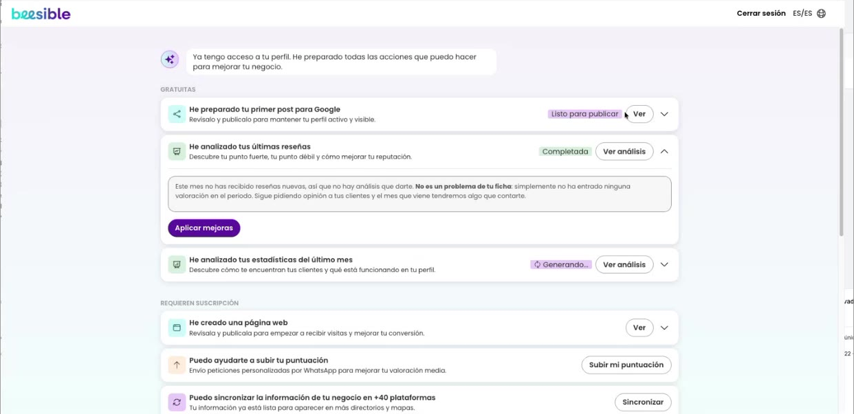 Panel de prueba con el primer post y los análisis de Beelma